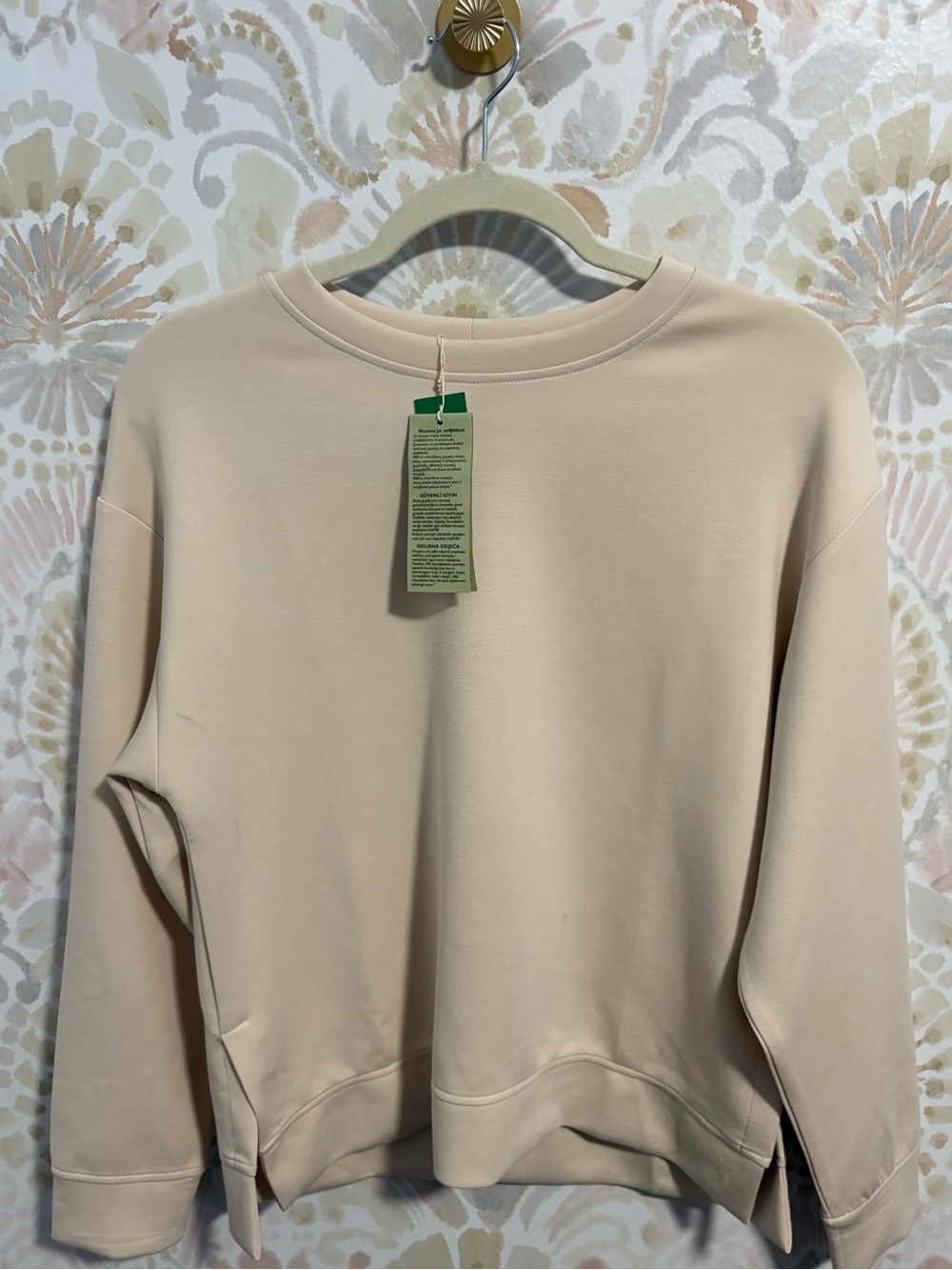 NWT United Colors of Benetton Beige Crewneck Sweatshirt Embossed Logo | Small